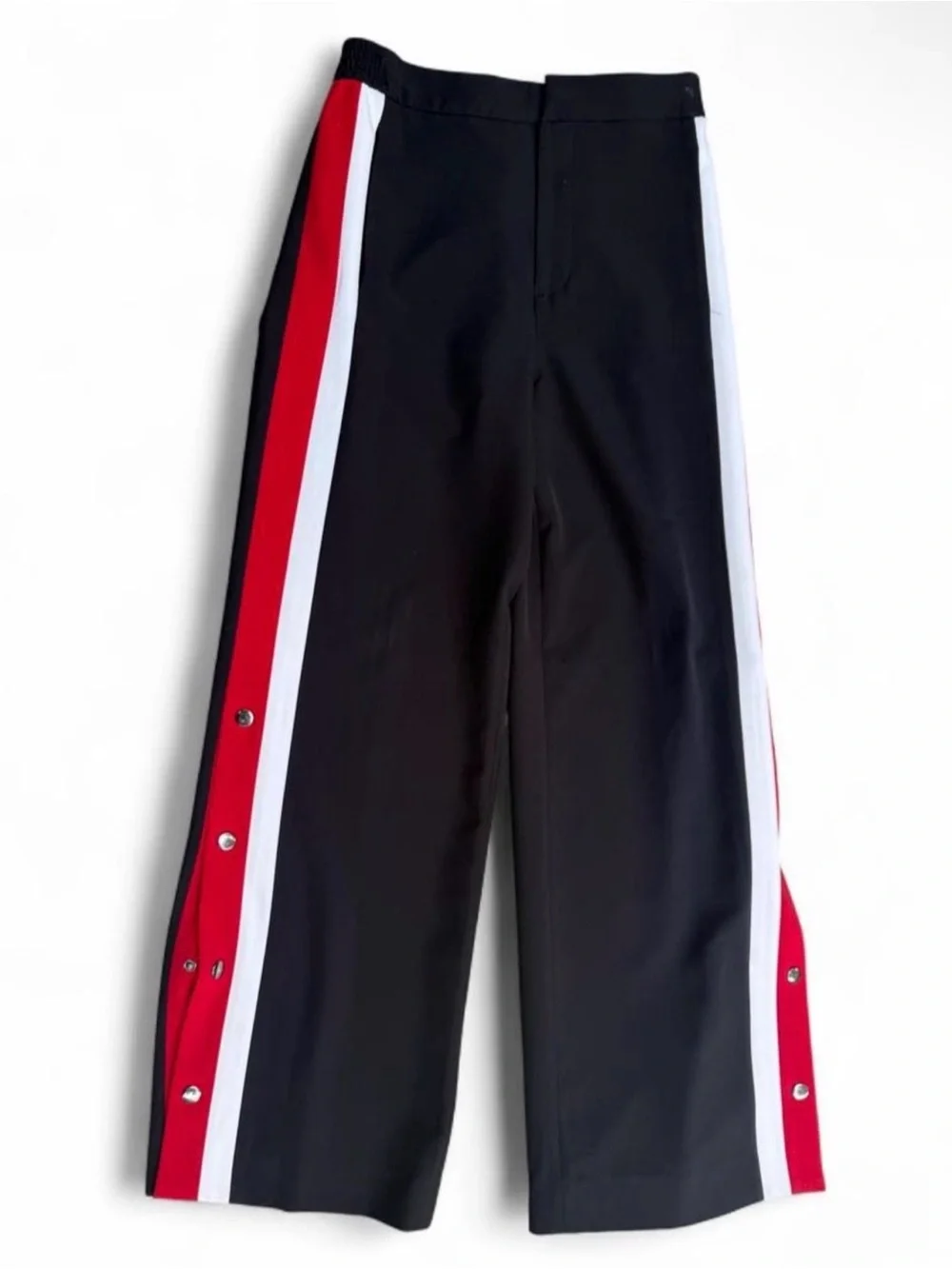 Women’s wide leg snap side striped pants black cherry red & black long Sz 8 Y2K